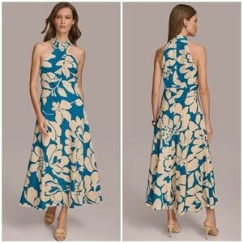 NWT DONNA KARAN NEW YORK Kingfisher Blue Floral Halter Maxi Dress 8